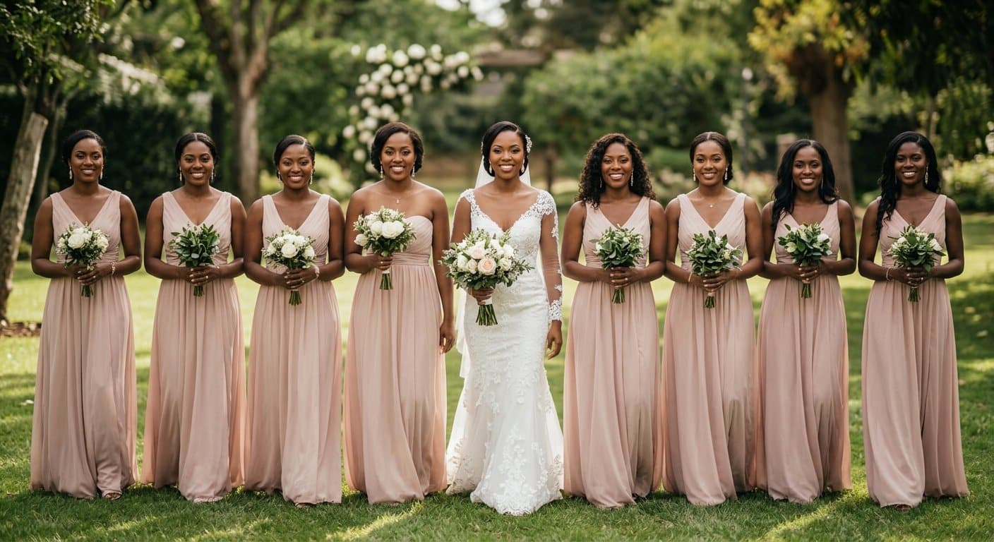 La mariée et ses demoiselles d'honneur, en robes roses, un bouquet à la main, dans un jardin.