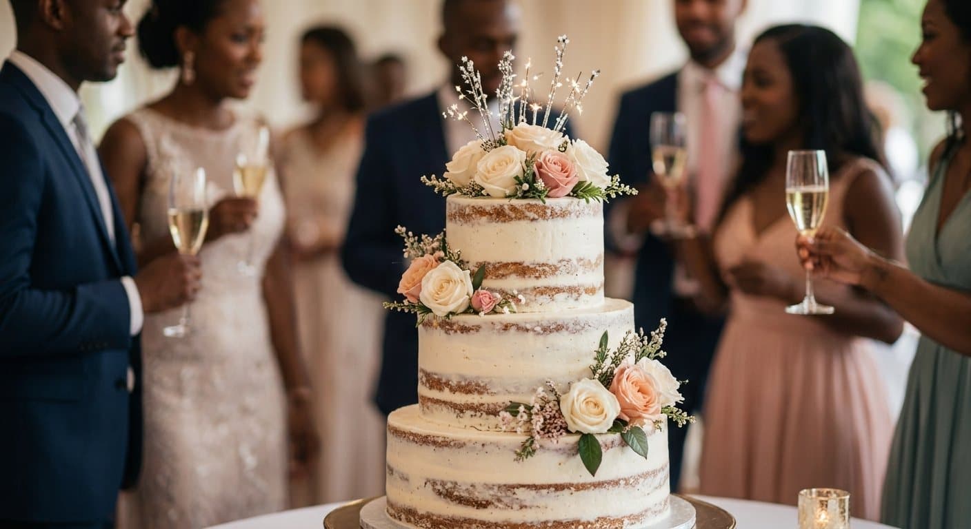 Un gâteau de mariage à trois étages orné de roses, devant des invités qui trinquent.