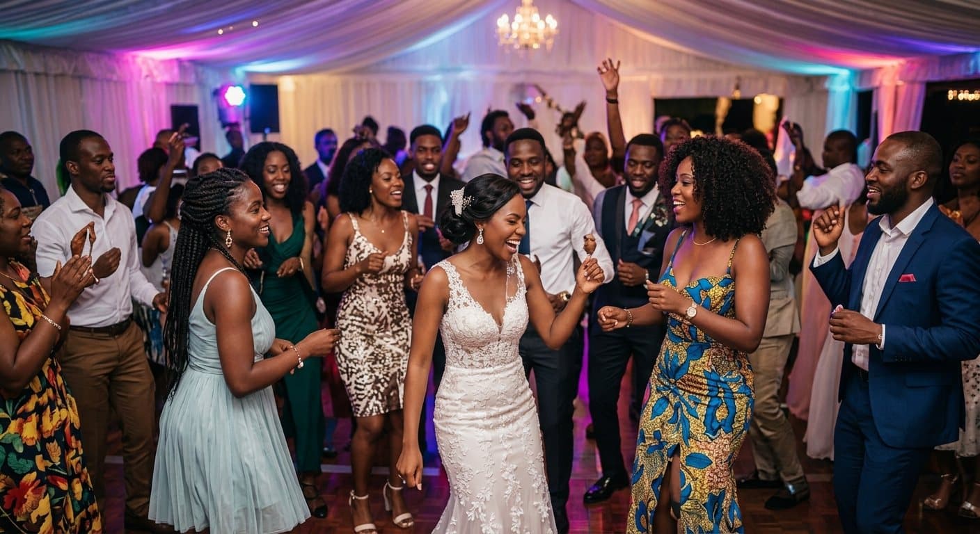 Sur la piste de danse, la mariée danse avec ses invités, en pagne et en robe de soirée.